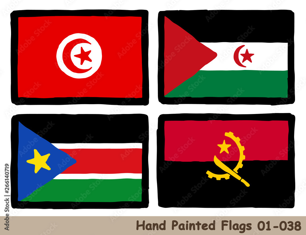 手描きの旗アイコン チュニジアの国旗 西サハラの国旗 南スーダンの国旗 アンゴラの国旗 Flag Of The Tunisia Western Sahara South Sudan Angola Hand Drawn Isolated Vector Icon Vector De Stock Adobe Stock
