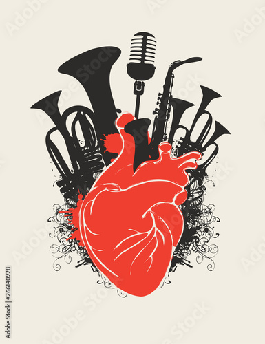 Vector music poster with red human heart and black silhouettes of wind instruments and microphone. Abstract musical illustration in retro style. Music in the heart, musical orchestral instruments.