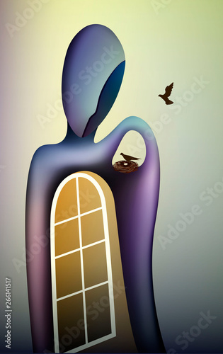 come back home concept, home memoriry inside, man shape with birds nest and window, my dream idea,