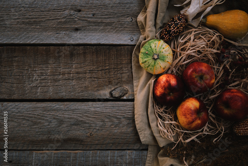 Autumn background with ears of wheat, red apples, corn and pumpkins. Fall harvest on aged wood with copy space. Mockup for seasonal offers and holiday post card, top view. Toned image.