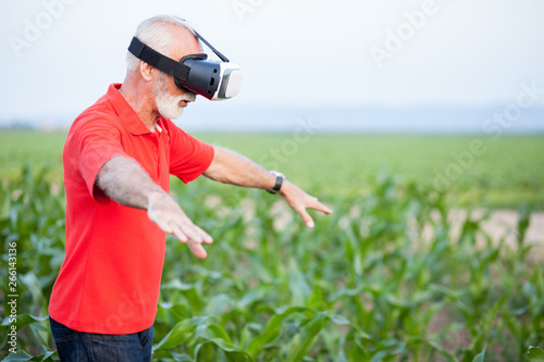Senior agronomist or farmer in red polo shirt standing in green corn field and using VR goggles.