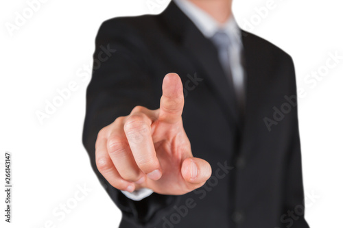 Businessman give a finger touching isolated on white background as business, praise, choose and point target concept