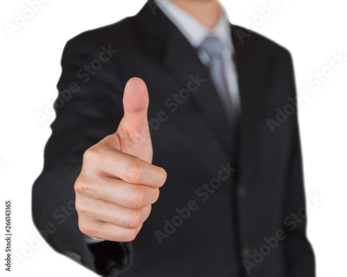 Businessman give a thumbs up for compliment isolated on white background as praise, congratulate, good and like concept.