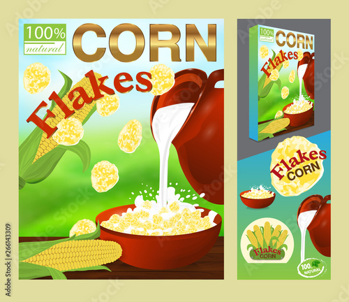 Packaging design or ads Corn flakes. Milk pouring from the jug a plate, nature background. Template package box for products 3d illustration. Elements design vector