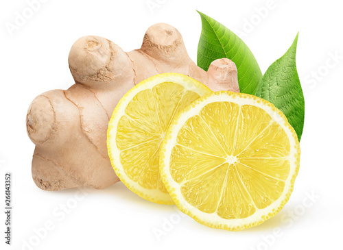 Isolated ginger and lemon pieces. Natural medicine, antiflu ingredients isolated on white background with clipping path