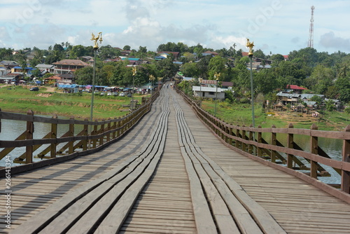 Close-up view, large wooden bridge Long and large at Sangkhla Buri District, Kanchanaburi Province, Thailand photo