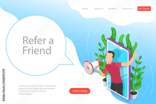 Isometric flat vector landing page template of refer a friend illustration with a man got out of a smartphone shouting to megaphone.