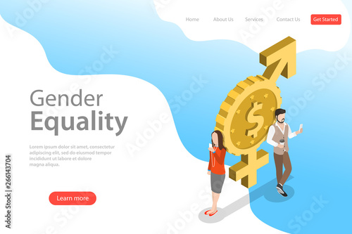Isometric flat vector landing page template of gender equality, male and female equal rights and opportunities.