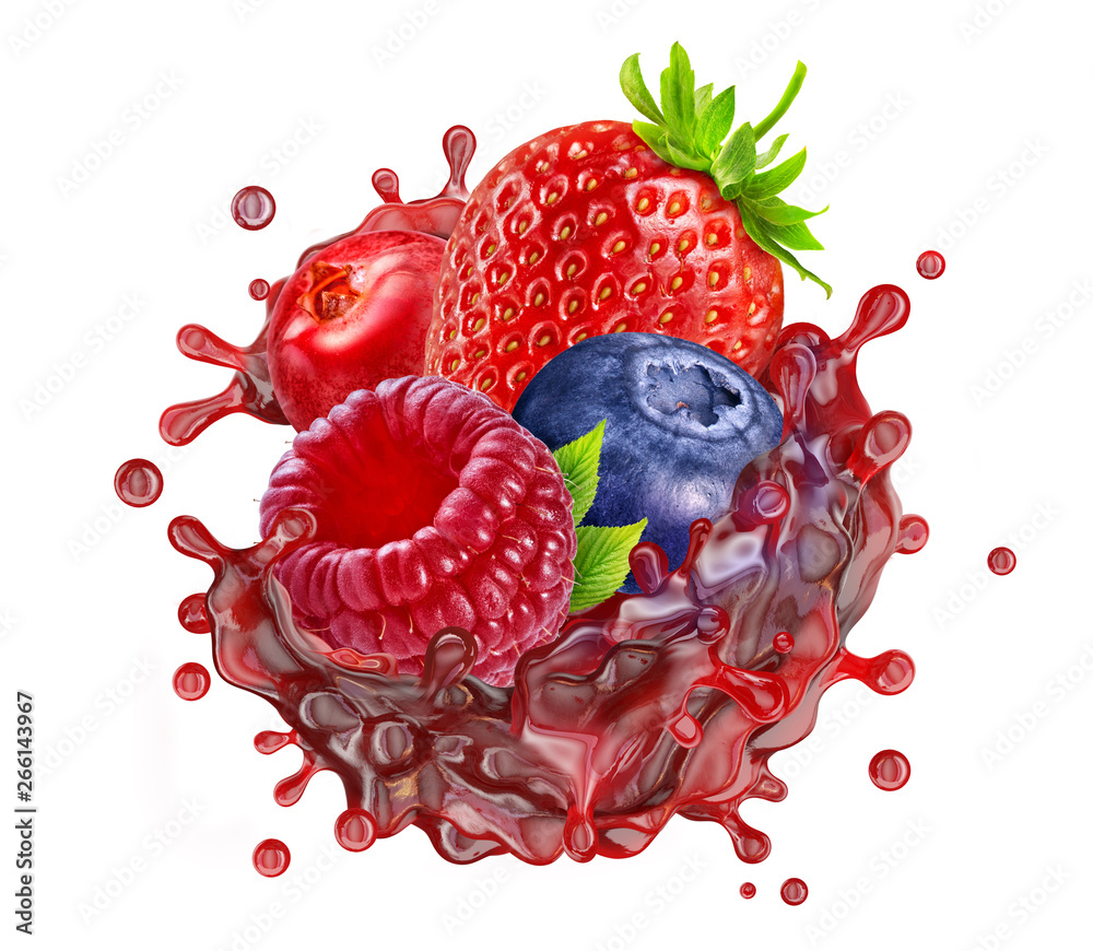 Fresh ripe strawberry, raspberry, blueberry, cranberry juice mix splash