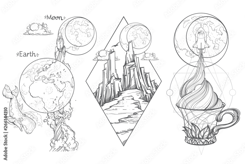 A sketch for the painting with the spacecraft and mug of coffee, tea or hot chocolate. Surrealistic illustration on the space theme design for t-shirts and various items and gifts.