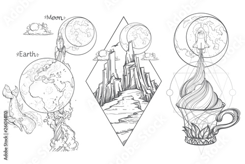 A sketch for the painting with the spacecraft and mug of coffee, tea or hot chocolate. Surrealistic illustration on the space theme design for t-shirts and various items and gifts.