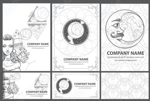 A set of beautiful black and white templates for creating posters, business cards, booklets, corporate style in the space style.