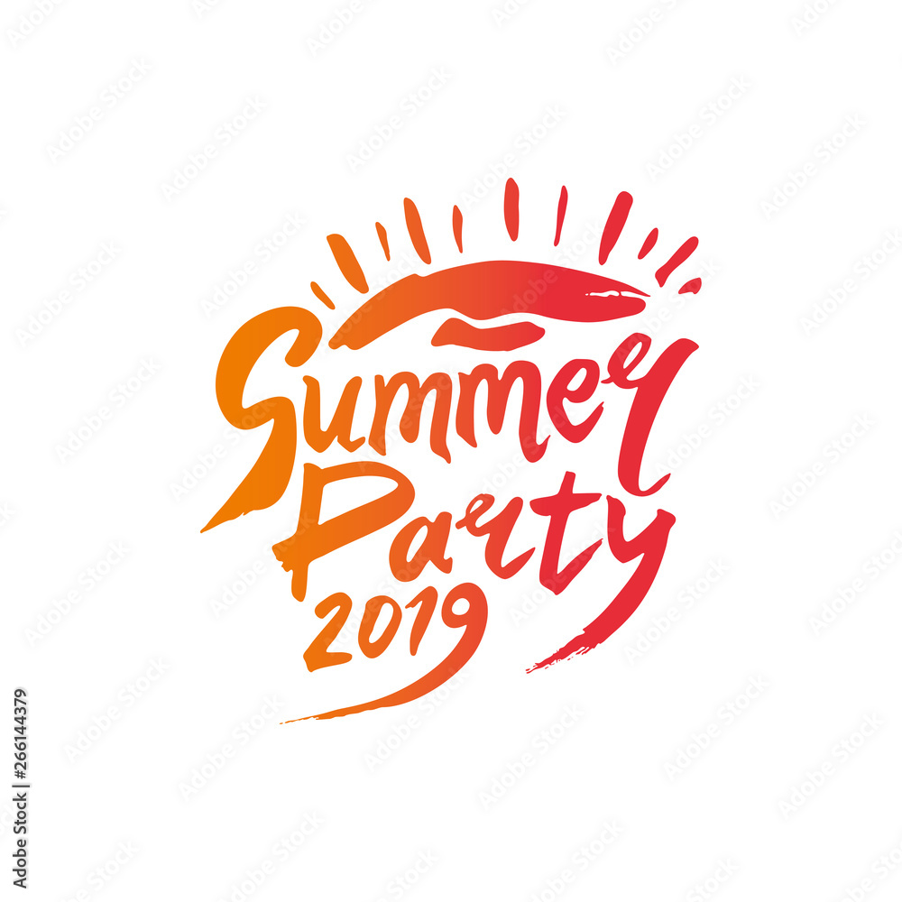 Obraz premium Summer Party 2019. Vector thematic logo in bright hot orange red color. Sun and handwritten sunny inscription. Bright Seasonal Label. Hot summer time.