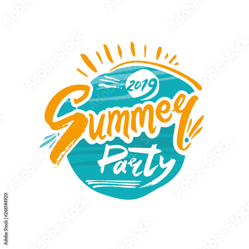 Summer Party 2019. Circle of sea and sun with calligraphic thematic logo. Vector  handwritten inscription. Bright Seasonal Label. Hot summer time.
