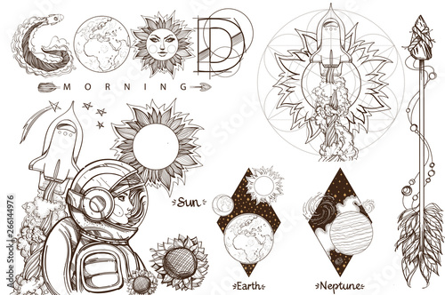Space. Beautiful inscription: Good morning. A set of outline illustrations with sketches of tattoos.