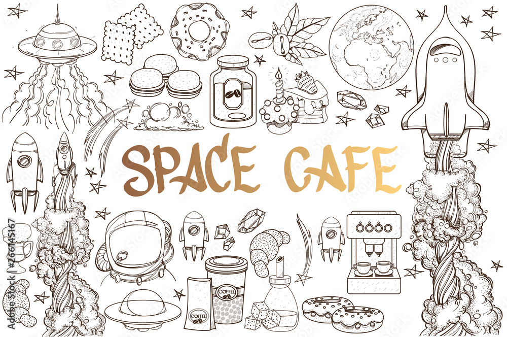 Space. A set of outline illustrations with sketches of tattoos.
