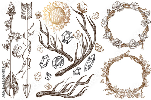 Arrows and flowers. A set of elements in the style of Boho. Contour illustrations for the creation of tattoos, coloring, clothing design and printed products.