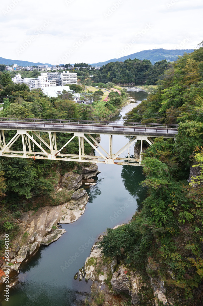 The overpass which hangs over the ravine - Nariaibashi brigde,Nariaikyo valley,Hirosegawa river, The overpass which hangs over the ravine - Nariaibashi brigde,Nariaikyo valley,Hirosegawa river,