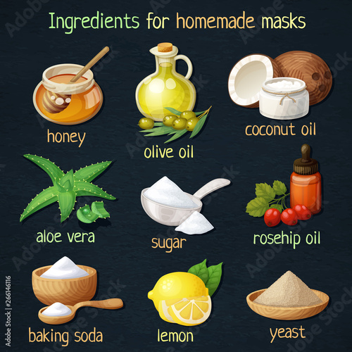 Natural mask ingredients for home face skin care. Cartoon vector food icons set on black background