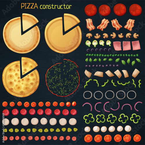 Pizza constructor cartoon vector illustration. Fresh ingredients on black chalkboard background
