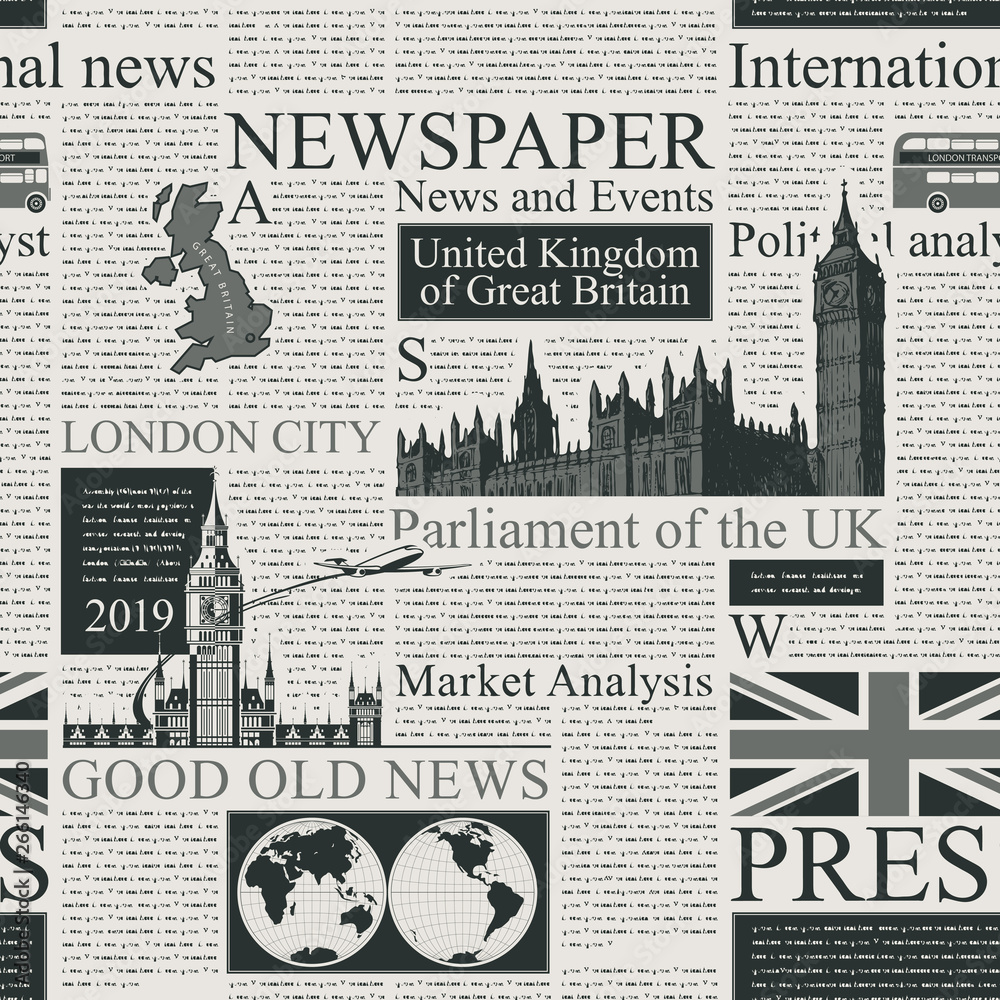 Vector seamless pattern with UK or London newspaper. Page of old newspaper or magazine with headings, illustrations and unreadable text. Can be used as wallpaper, wrapping paper or fabric