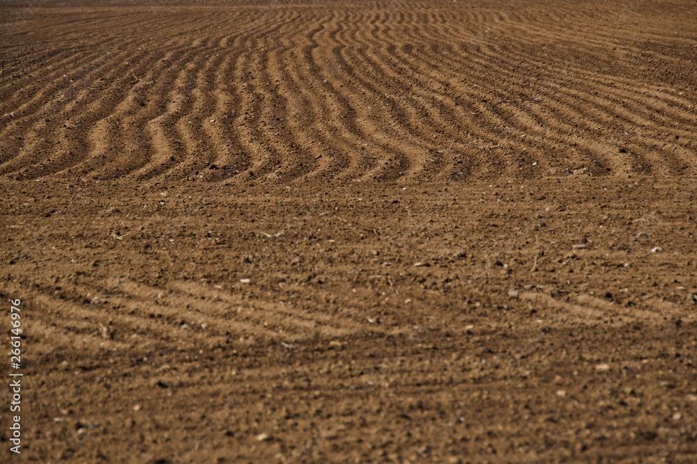 Brown plowed field in spring Brown plowed field in spring