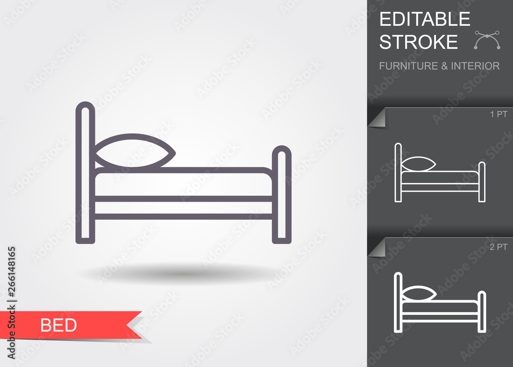 Bed. Line icon with editable stroke with shadow Bed. Line icon with editable stroke with shadow