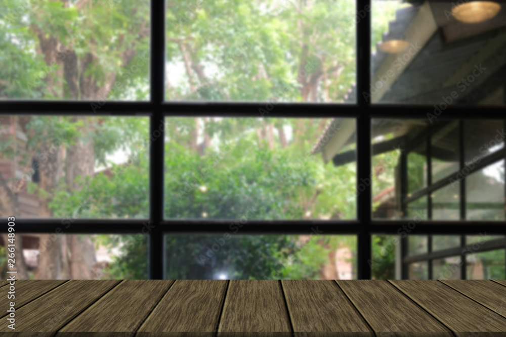 window with garden view with wood table for display product Stock Photo ...