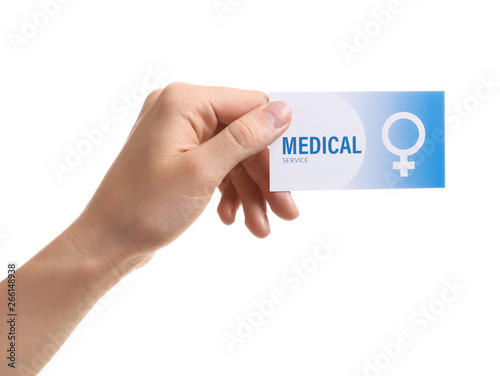 Girl holding medical business card isolated on white, closeup. Women's health service