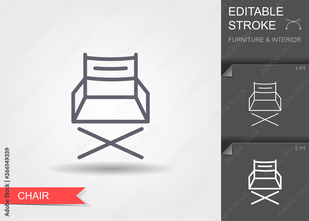 Folding chair. Line icon with editable stroke with shadow Folding chair. Line icon with editable stroke with shadow