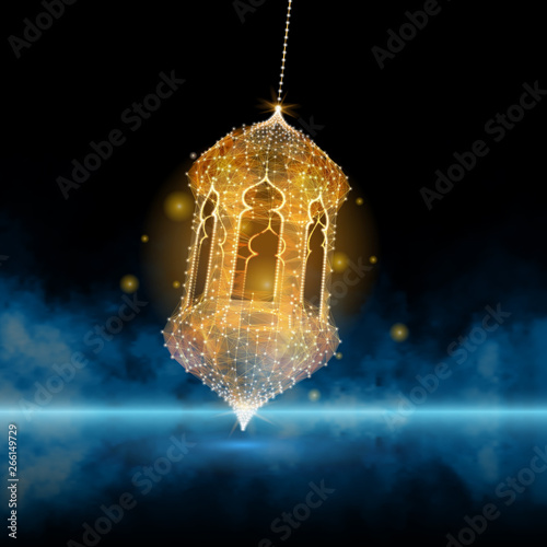 Ramadan kareem arabic greeting card. luminous lanterns. Traditional arabic poster card object. Islamic Festival concept. Polygonal wireframe light - Vector