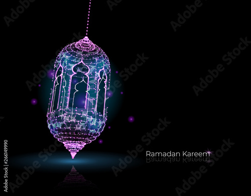 Ramadan kareem arabic greeting card. luminous lanterns. Traditional arabic poster card object. Islamic Festival concept. Polygonal wireframe light - Vector