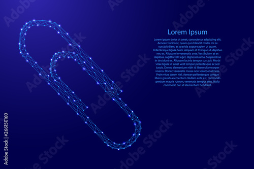 Paper clip attach paper tool office paperclip from futuristic polygonal blue lines and glowing stars for banner, poster, greeting card. Vector illustration.