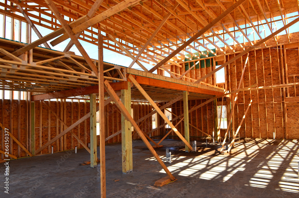 Wood framework of commercial building under construction. Wood framework of commercial building under construction.