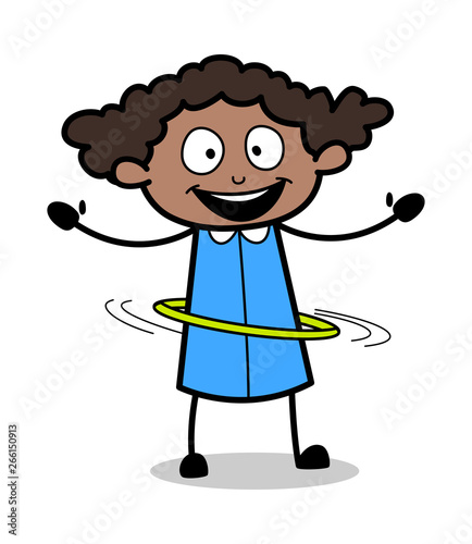 Playing with Hula Hoop - Retro Black Office Girl Cartoon Vector Illustration