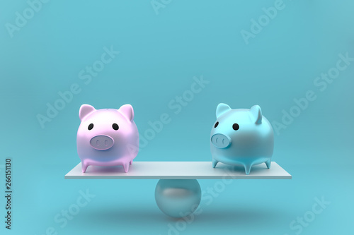 piggy bank in side view stands on a wooden seesaw balanced  3d rendering