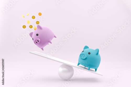 piggy bank in side view stands on a wooden seesaw balanced, 3d rendering