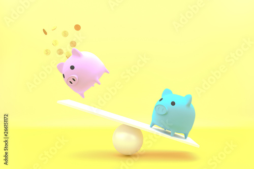 piggy bank in side view stands on a wooden seesaw balanced, 3d rendering