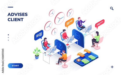 Isometric view on bank office with consultant and client. Banking interior with investment planning analyst or manager and customers. Financial experts or advisers. Support and isometry theme