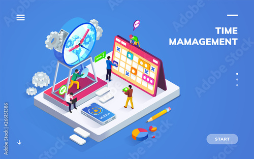 Isometric banner for time management or schedule with people near clock and calendar. Sign or banner for office planner or smartphone application, GTD method. Business planning. Scheduler theme