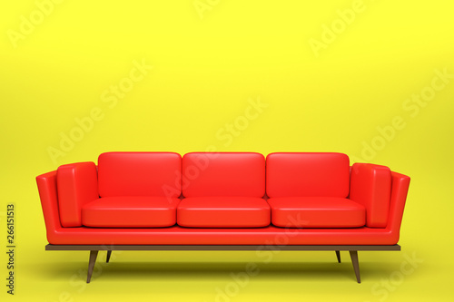 Red Leather sofa design in yellow background, 3D rendering illustration. © Thanit_Studio