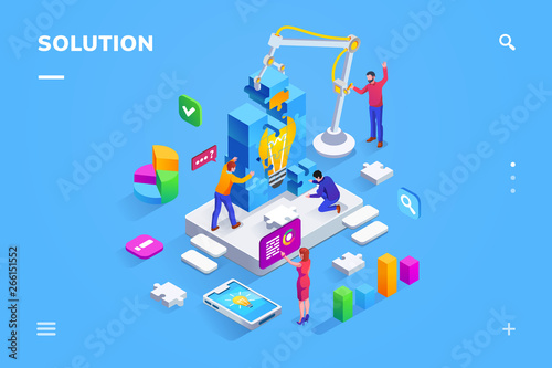 Isometric view on teamwork at finding business solution. Team of people set up puzzle of lamp and analyzing flat chart. Management communication or brainstorming, office marketing. Cloud web service