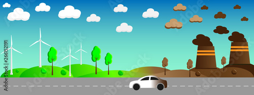 Ecology cartoon comparative concept with clean earth because of use alternative energy sources and dirty earth due to industrial environmental pollution