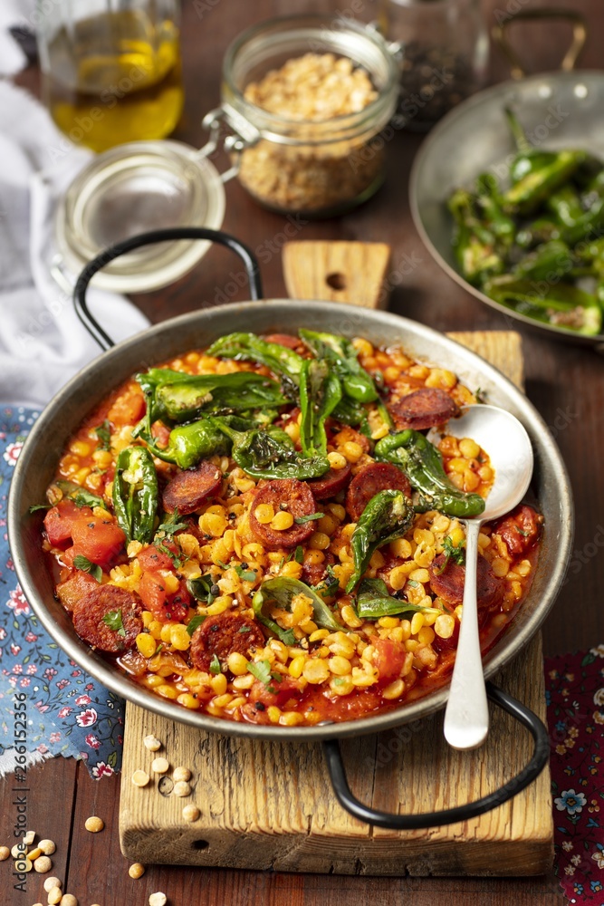 Yellow split peas with chorizao and padron peppers Yellow split peas with chorizao and padron peppers