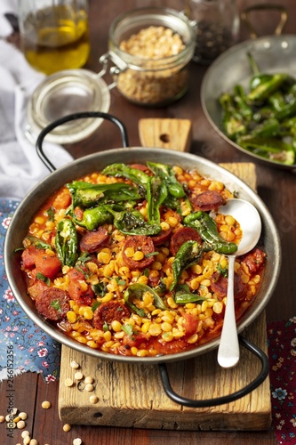 Yellow split peas with chorizao and padron peppers