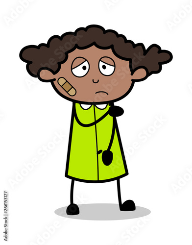 Sad Injured Person - Retro Black Office Girl Cartoon Vector Illustration
