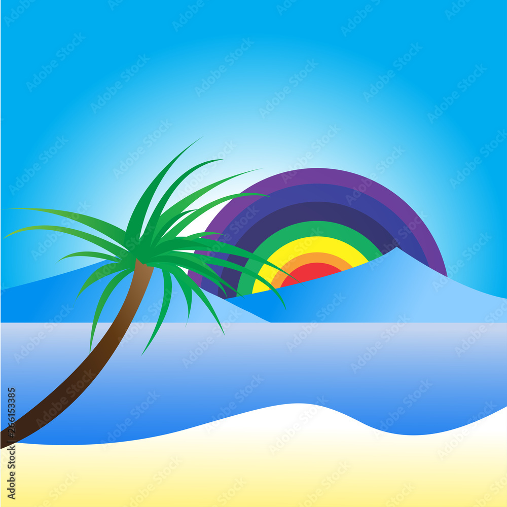 Paradise beach, Seascape,coconut tree,rainbow,mountain,vector illustration