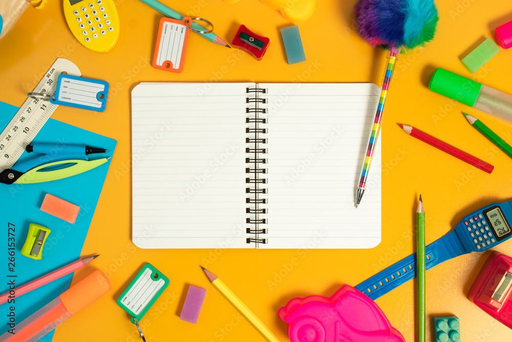 back to school tools object for study in classroom, student learning with  education kids concept, play fun and toy, top view background, children and  knowledge, workspace flatlay, creative and idea Stock Photo |