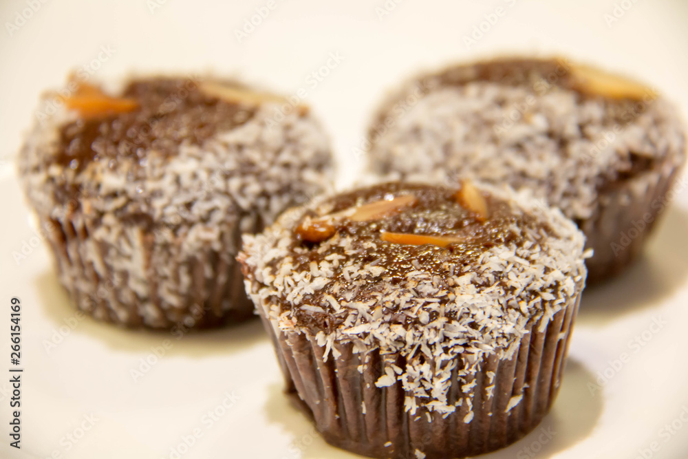  chocolate cup cake and coconut powder on top