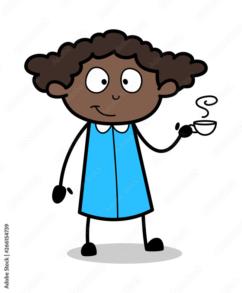 Hot Tea - Retro Black Office Girl Cartoon Vector Illustration Hot Tea - Retro Black Office Girl Cartoon Vector Illustration
